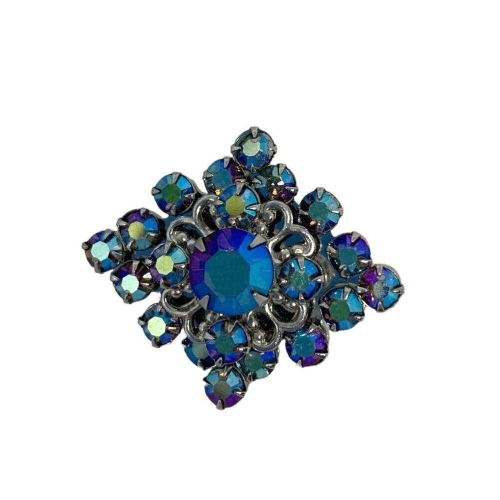 Vintage‎ Blue Rhinestone Aurora Borealis Brooch Pin 1.5" x 1" Silveronte Setting